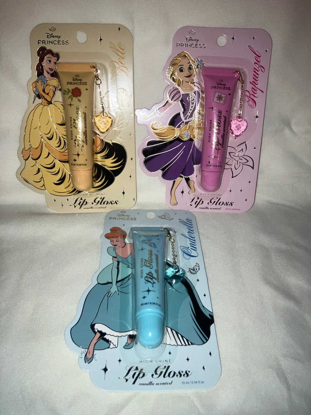 Disney Princess Lip Gloss Trio with Charms Belle Cinderella Repunzel Vanilla